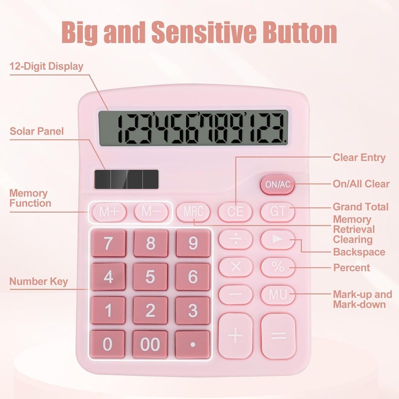 HUTUDD Desktop Calculator, Pink Calculator Big Buttons, 12-Digits Large LCD Display, Solar and AA Battery Dual Power, Desk Calculators for Office Home School Business Class (Pink) - Image 5